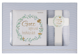 Butzon & Bercker Geschenkset zur Taufe 15 x 22 x 2 cm – Holzkreuz aus Buchenholz weiß lackiert mit Taufspruch, gebundenes Buch 11 x 11 cm, Lieferung in Geschenkverpackung - Irmgard Erath