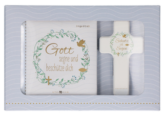Butzon & Bercker Geschenkset zur Taufe 15 x 22 x 2 cm – Holzkreuz aus Buchenholz weiß lackiert mit Taufspruch, gebundenes Buch 11 x 11 cm, Lieferung in Geschenkverpackung