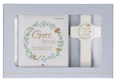 Butzon & Bercker Geschenkset zur Taufe 15 x 22 x 2 cm – Holzkreuz aus Buchenholz weiß lackiert mit Taufspruch, gebundenes Buch 11 x 11 cm, Lieferung in Geschenkverpackung - Irmgard Erath