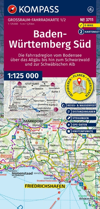 KOMPASS Großraum Fahrradkarte 3711 Baden-Württemberg Süd, die Fahrradregion vom Bodensee über das Allgäu bis zum Schwarzwald und der Schwäbischen Alb; mit Knotenpunkten 1:125.000