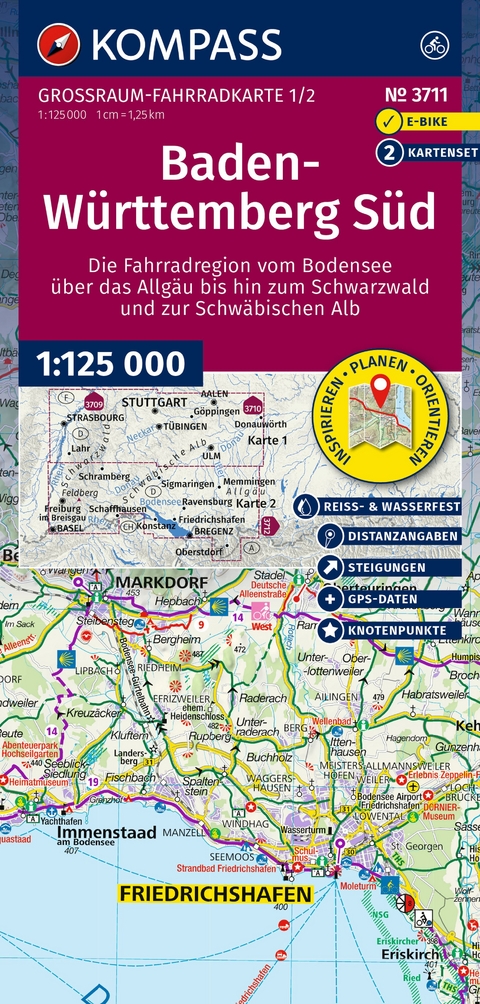 KOMPASS Gro&szlig;raum Fahrradkarte 3711 Baden-W&uuml;rttemberg S&uuml;d, die Fahrradregion vom Bodensee &uuml;ber das Allg&auml;u bis zum Schwarzwald und der Schw&auml;bischen Alb; mit Knotenpunkten 1:125.000