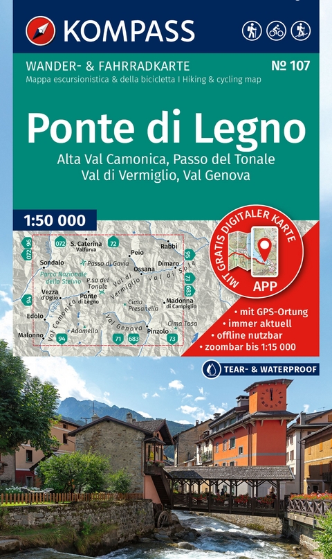KOMPASS Wanderkarte 107 Ponte di Legno, Alta Val Camonica, Passo del Tonale, Val di Vermiglio, Val Genova 1:50.000