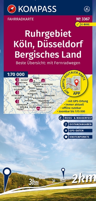 KOMPASS Fahrradkarte 3367 Ruhrgebiet, Köln, Düsseldorf, Bergisches Land mit Knotenpunkten 1:70.000