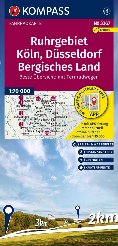 KOMPASS Fahrradkarte 3367 Ruhrgebiet, K&ouml;ln, D&uuml;sseldorf, Bergisches Land mit Knotenpunkten 1:70.000