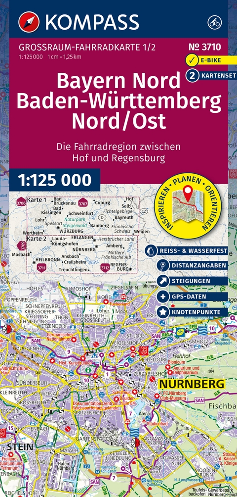 KOMPASS Gro&szlig;raum Fahrradkarte 3710 Bayern Nord, Baden-W&uuml;rttemberg Nord/Ost 1:125.000
