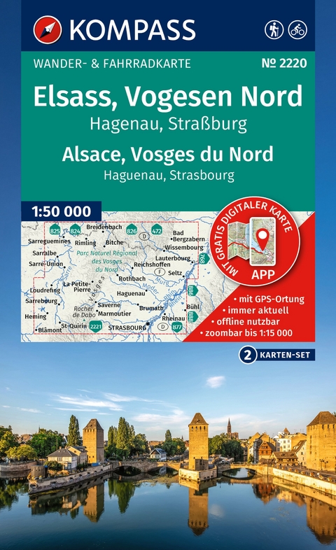 KOMPASS Wanderkarten-Set 2220 Elsass, Vogesen Nord, Hagenau, Stra&szlig;burg / Alsace, Vosges du Nord, Haguenau, Strasbourg (2 Karten) 1:50.000