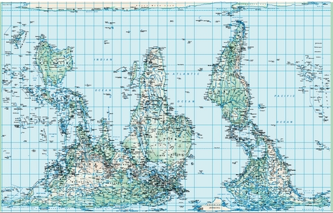 Physische Weltkarte Petersprojektion, s&uuml;dorientiert und pazifikzentriert, Englisch(130 x 82 cm)