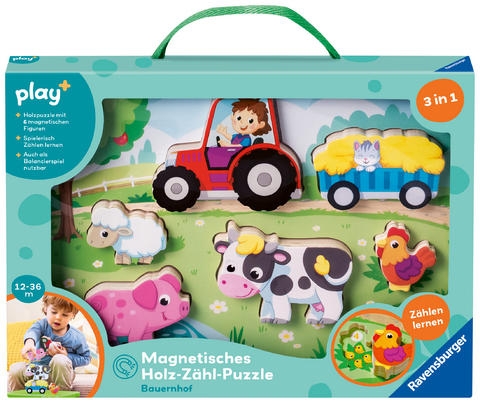 Play+ Magnetisches Holz-Z&auml;hl-Puzzle: Bauernhof - ab 12 Monate
