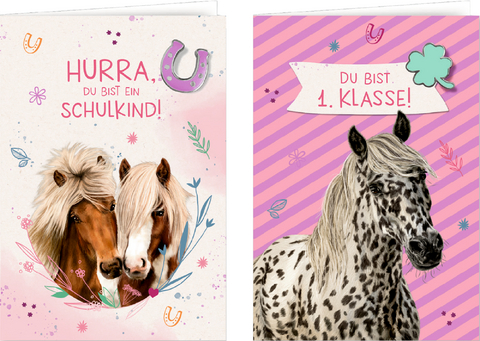 Gru&szlig;karte mit Wegbegleiter-Pin &ndash; Du bist 1. Klasse! / Hurra, du bist ein Schulkind!