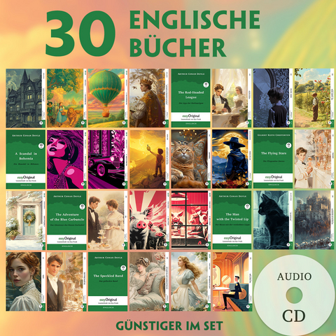 30 englische B&uuml;cher A2-B2 (+ 30 Audio-CDs) - Arthur Conan Doyle, Gilbert Keith Chesterton, Oscar Wilde, Edgar Allan Poe, Charles Dickens, Lewis Carroll, L. Frank Baum, John Ruskin, Hector Hugh Munro (Saki), F. Scott Fitzgerald, George Orwell, Mark Twain, Herbert George Wells