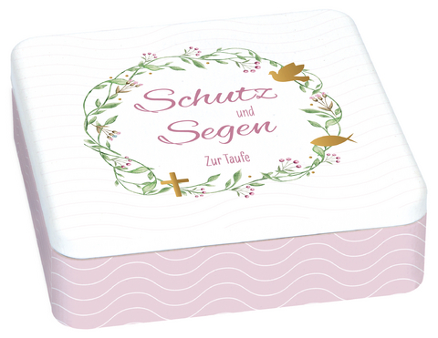 Geschenkset zur Taufe mit zauberhaft bedruckter Metalldose, wattiertem Geschenkbuch, Porzellan-Relief mit Band & Glasfl&auml;schchen f&uuml;r Taufwasser - Irmgard Erath