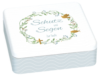 Geschenkset zur Taufe mit bedruckter Metalldose, wattiertem Geschenkbuch, Porzellan-Relief mit Band & Glasfläschchen für Taufwasser