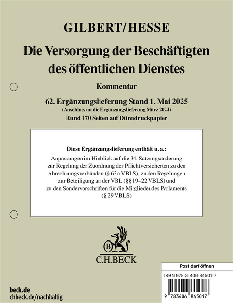 Die Versorgung der Besch&auml;ftigten des &ouml;ffentlichen Dienstes 62. Erg&auml;nzungslieferung