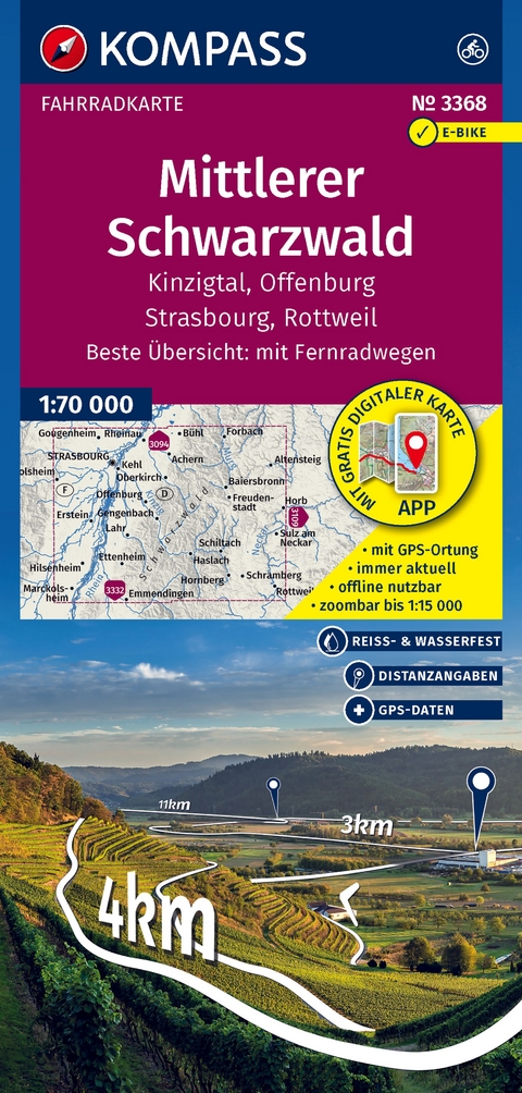 KOMPASS Fahrradkarte 3368 Mittlerer Schwarzwald, Kinzigtal, Offenburg, Strasbourg, Rottweil 1:70.000