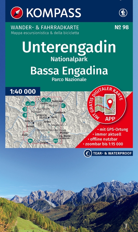 KOMPASS Wanderkarte 98 Unterengadin, Nationalpark / Bassa Engadina, Parco Nazionale 1:40.000