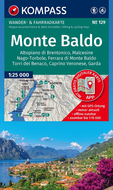 KOMPASS Wanderkarte 129 Monte Baldo, Malcesine, Nago-Torbole, Garda 1:25.000