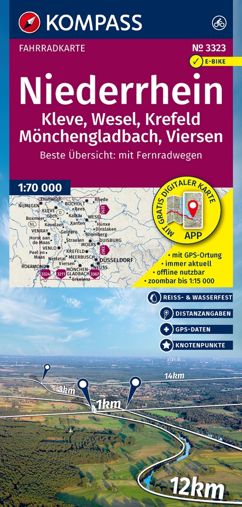 KOMPASS Fahrradkarte 3323 Niederrhein, Kleve, Wesel, Krefeld, Mönchengladbach, Viersen mit Knotenpunkten 1:70.000