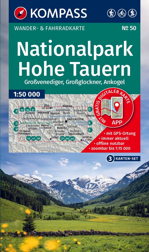 KOMPASS Wanderkarten-Set 50 Nationalpark Hohe Tauern, Großvenediger, Großglockner, Ankogel (3 Karten) 1:50.000