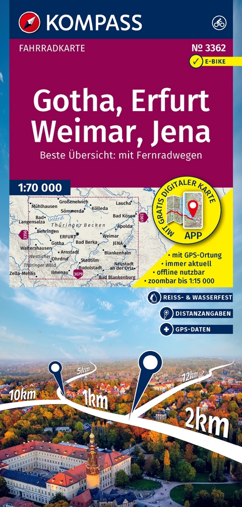 KOMPASS Fahrradkarte 3362 Gotha, Erfurt, Weimar, Jena 1:70.000