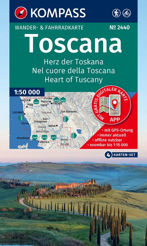 KOMPASS Wanderkarten-Set 2440 Toscana, Herz der Toskana, Nel cuore della Toscana, Heart of Tuscany (4 Karten) 1:50.000