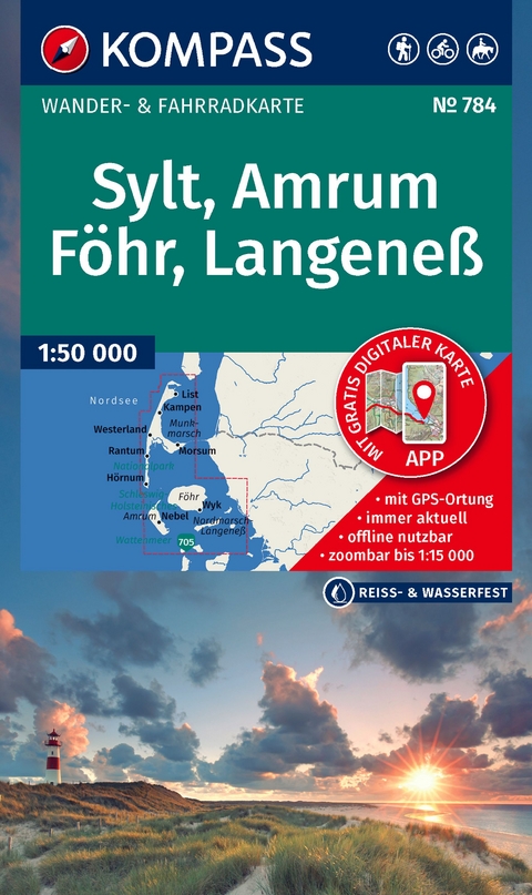 KOMPASS Wanderkarte 784 Sylt, Amrum, F&ouml;hr, Langene&szlig; 1:35.000