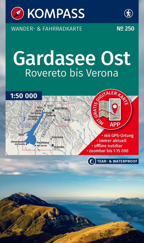 KOMPASS Wanderkarte 250 Gardasee Ost, Rovereto bis Verona 1:50.000