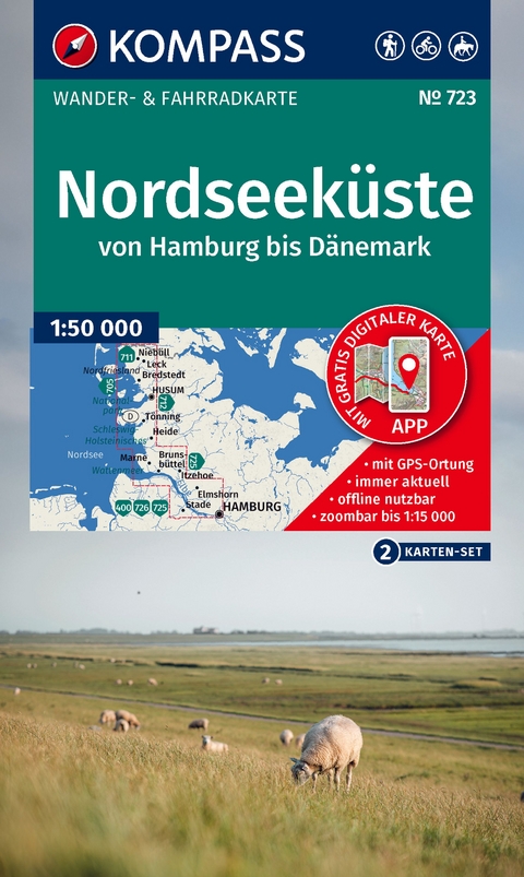 KOMPASS Wanderkarten-Set 723 Nordseeküste von Hamburg bis Dänemark (2 Karten) 1:50.000