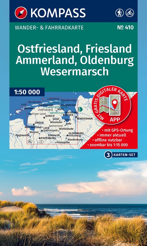 KOMPASS Wanderkarten-Set 410 Ostfriesland, Friesland, Ammerland, Oldenburg, Wesermarsch (3 Karten) 1:50.000
