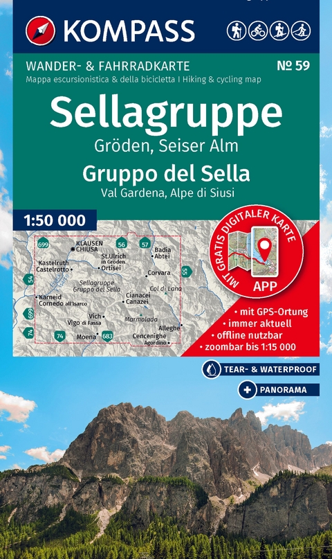 KOMPASS Wanderkarte 59 Sellagruppe, Gr&ouml;den, Seiser Alm / Gruppo del Sella, Val Gardena, Alpe di Siusi 1:50.000