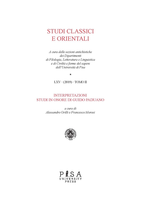 Studi Classici e Orientali LXV 2019 - Tomo II -  AA.Vv.