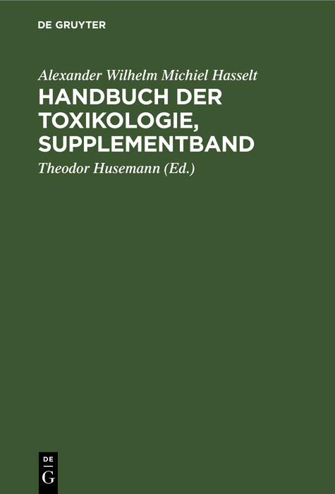 Handbuch der Toxikologie, Supplementband - Alexander Wilhelm Michiel Hasselt