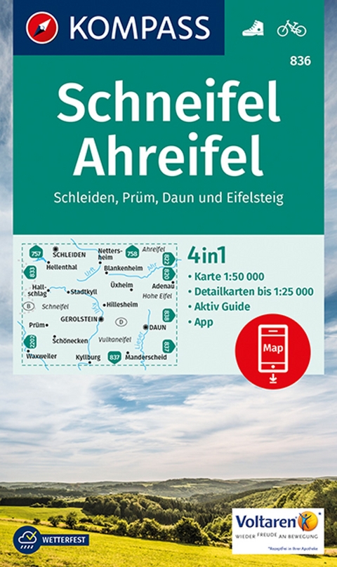 KOMPASS Wanderkarte 836 Schneifel, Ahreifel, Schleiden, Pr&uuml;m, Daun, Eifelsteig 1:50.000