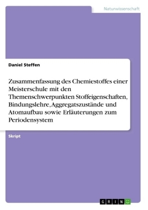 Zusammenfassung des Chemiestoffes einer Meisterschule mit den Themenschwerpunkten Stoffeigenschaften, Bindungslehre, Aggregatszustände und Atomaufbau sowie Erläuterungen zum Periodensystem