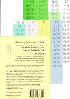 Bilanzen (HGB, AktG, GmbH...) -SteuerFachwirt/in- Griffregister Nr. 1309 (2017) mit Stichworten: 128 selbstklebende und farbig bedruckte Griffregister für die Steuerfachwirt-Prüfung.