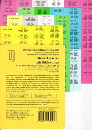 SteuerGesetze Griffregister mit Stichworten Nr. 258 (2017/2018): 198 selbstklebende und farbig bedruckte Griffregister für die Steuergesetze, 189.EL