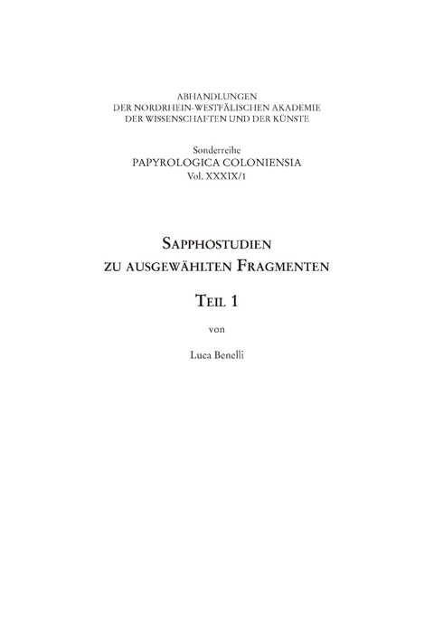 Sapphostudien zu ausgew&auml;hlten Fragmenten - Luca Benelli