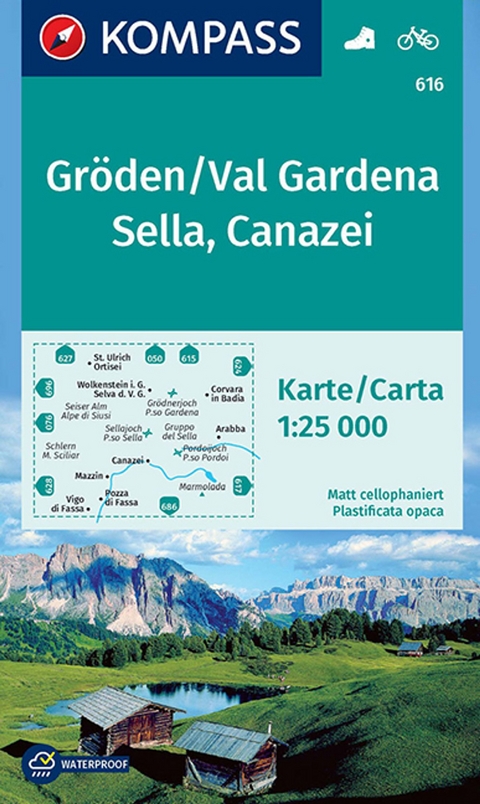 KOMPASS Wanderkarte 616 Gr&ouml;den, Val Gardena, Sella, Canazei