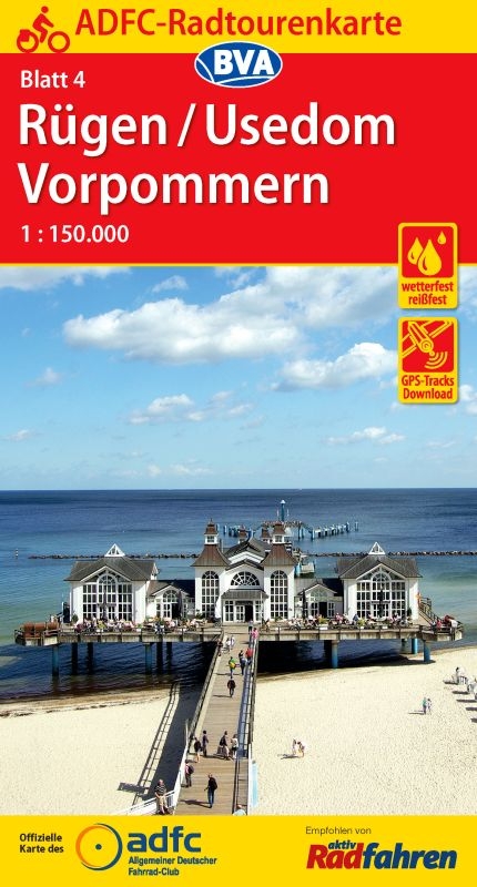ADFC-Radtourenkarte 4 R&uuml;gen/Usedom Vorpommern 1:150.000, rei&szlig;- und wetterfest, GPS-Tracks Download