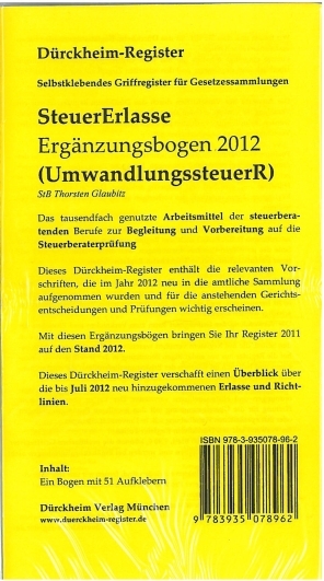 Steuererlasse (ERGÄNZUNGSBOGEN 2012-UmwStR) Griffregister Nr. 962: 51 bedruckte Griffregister für die SteuerErlasse 2012