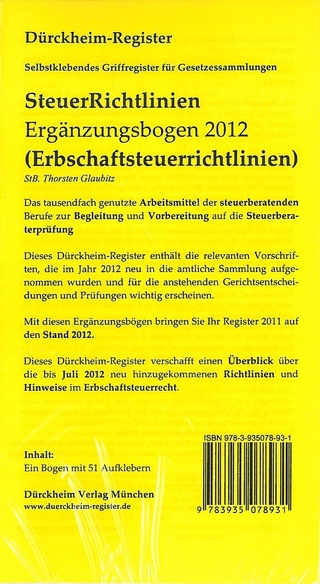 Steuerrichtlinien ERGÄNZUNGSBOGEN (ErbStR) Griffregister Nr. 931 (2012): Steuerrichtlinien ERGÄNZUNGSBOGEN 2012 (ErbStR), 51 bedruckte selbstklebende Griffregister