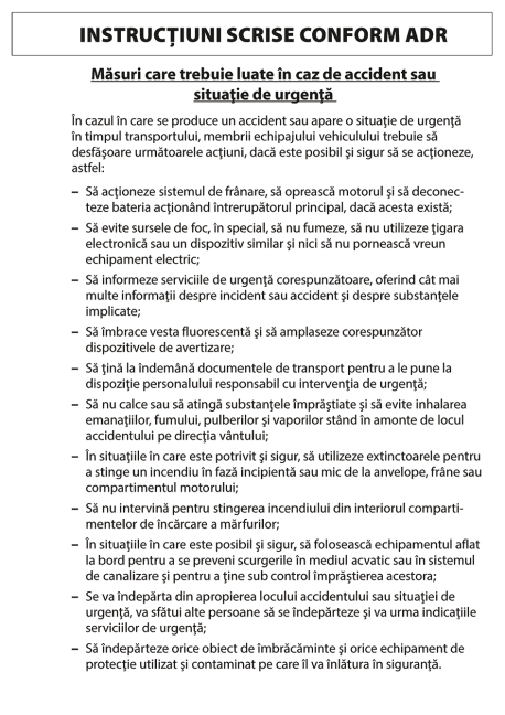 Schriftliche Weisungen gem&auml;&szlig; ADR, rum&auml;nisch