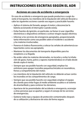 Schriftliche Weisungen gemäß ADR, spanisch