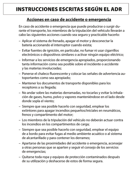 Schriftliche Weisungen gem&auml;&szlig; ADR, spanisch