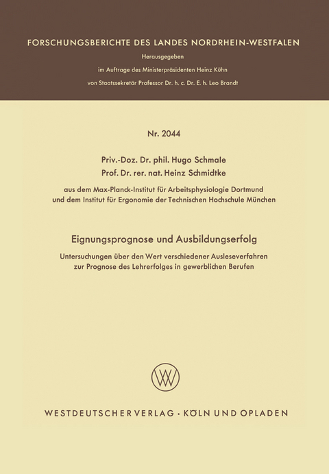 Eignungsprognose und Ausbildungserfolg - Hugo Schmale