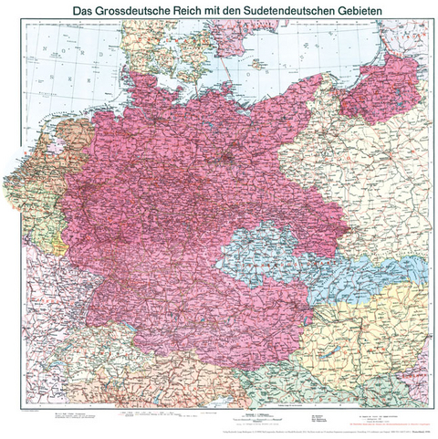 Historische Karte: Deutschland - Das Gro&szlig;deutsche Reich mit dem Sudetendeutschen Gebieten, 1938 (plano) - 