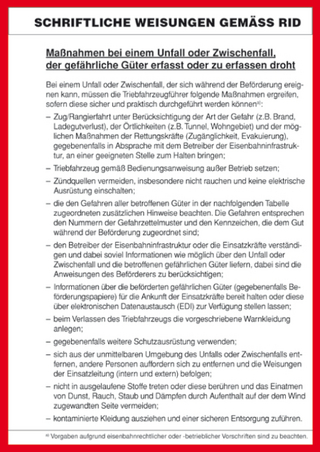 Schriftliche Weisungen gemäß RID, deutsch