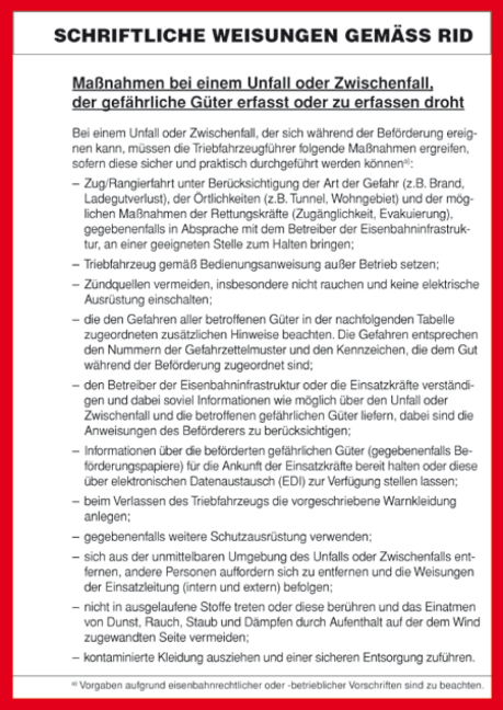 Schriftliche Weisungen gem&auml;&szlig; RID, deutsch