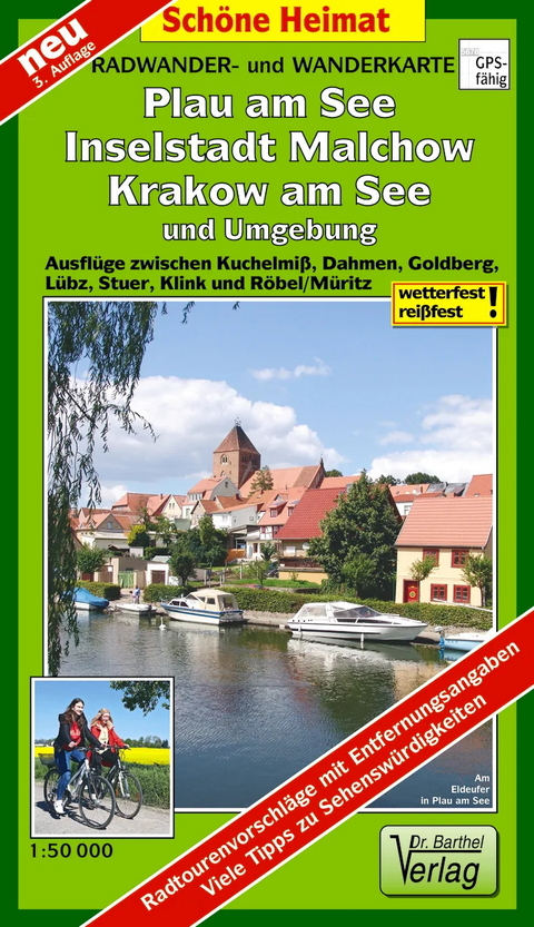 Radwander- und Wanderkarte Plau am See, Inselstadt Malchow, Krakow am See und Umgebung