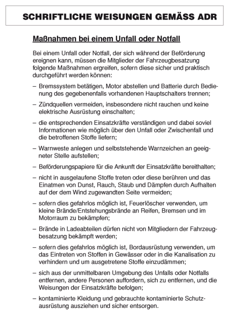 Schriftliche Weisungen gem&auml;&szlig; ADR, deutsch