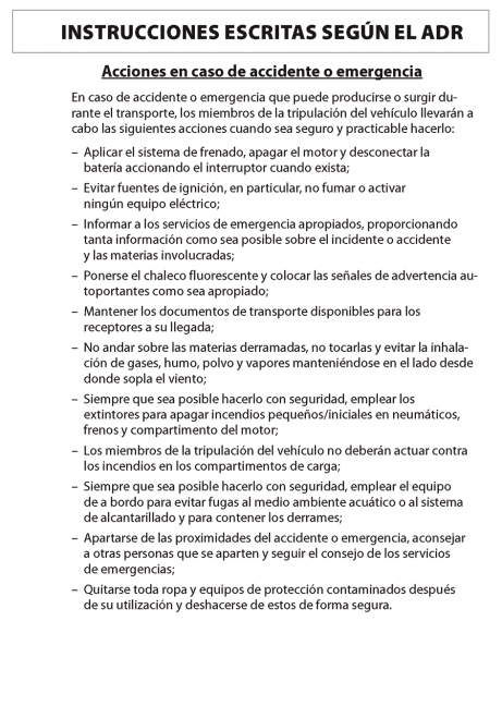 Schriftliche Weisungen gem&auml;&szlig; ADR, spanisch